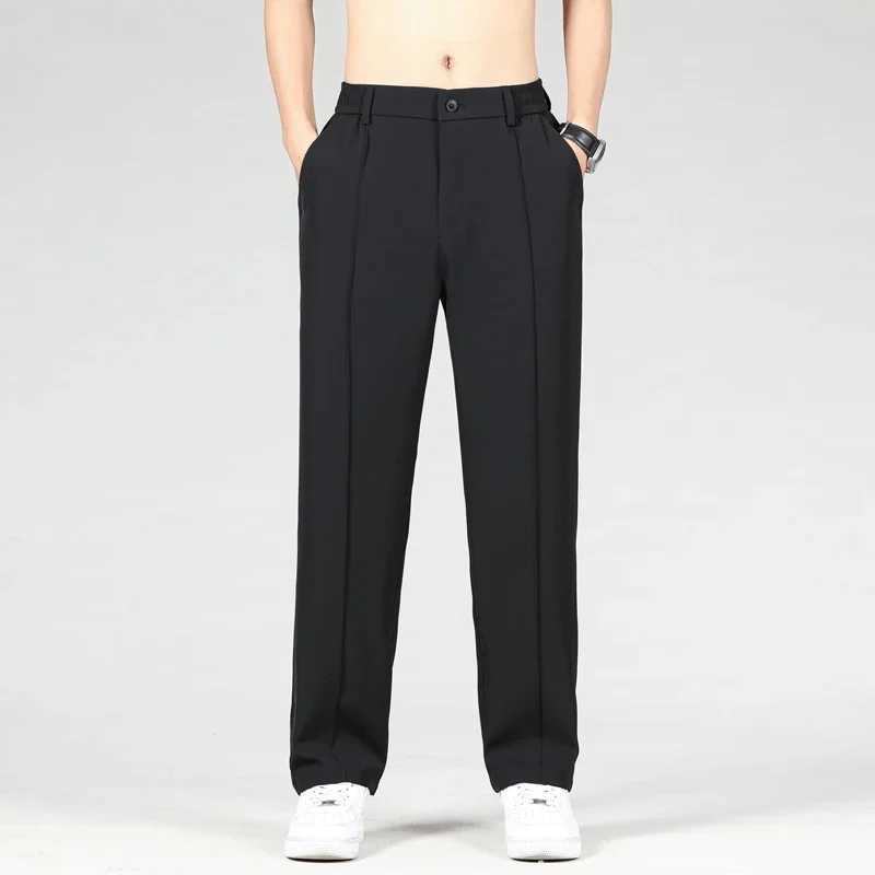 New Autumn Mens Business Straight Suit Trousers Elastic Waist Drape Loose Casual Stitching Khaki Black Pants Brand Clothing W250826