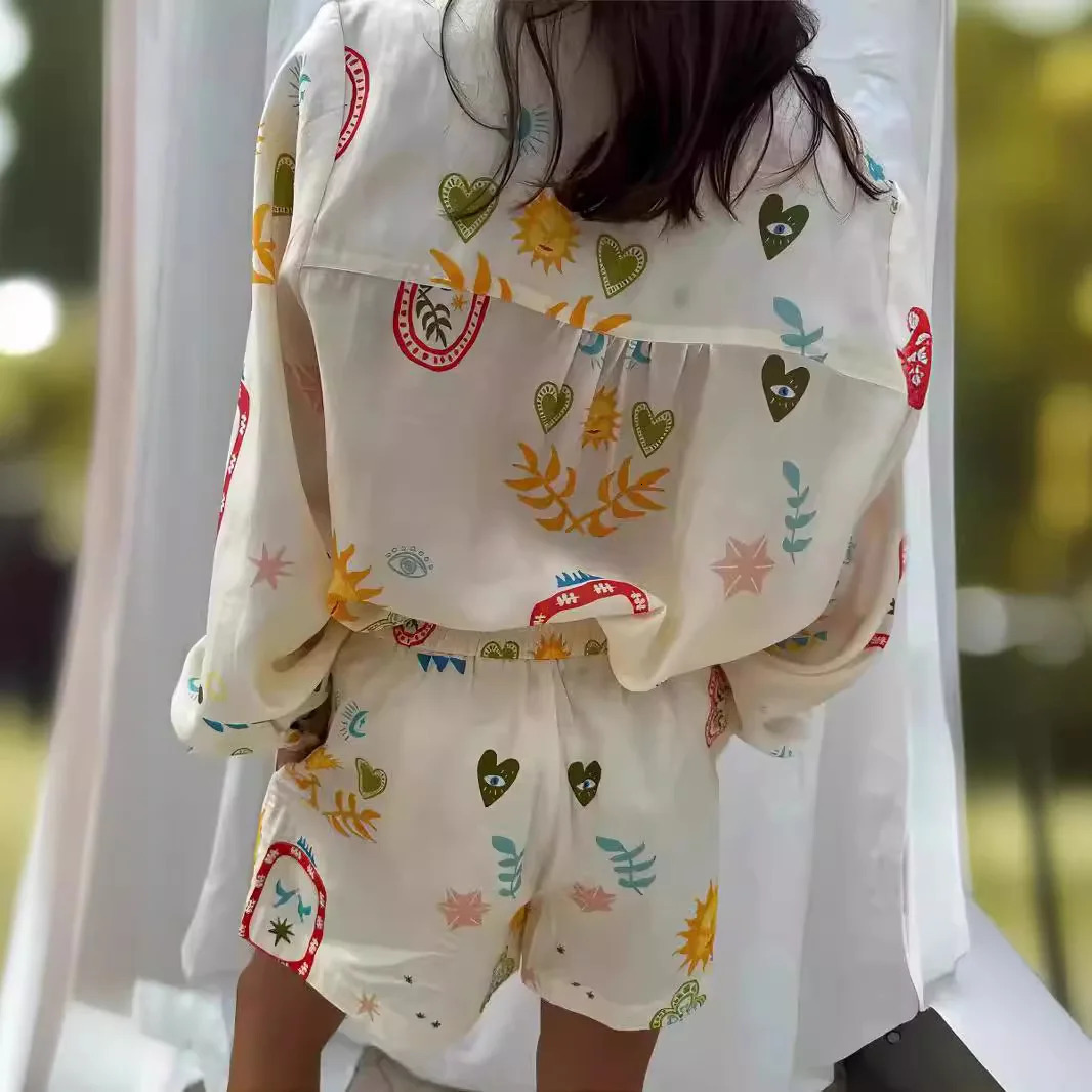 Women Fashion Elastic Waist Two Piece Sets Elegant Floral Print Lapel Long Sleeve Top Short Pants Suit Casual Holiday Outfits 250825