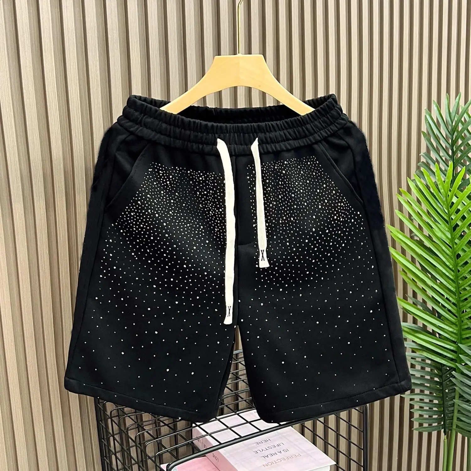 Personalized Rhinestone Starstudded Shorts for Men Summer Loose Straightleg Casual Midlength Shorts 250826