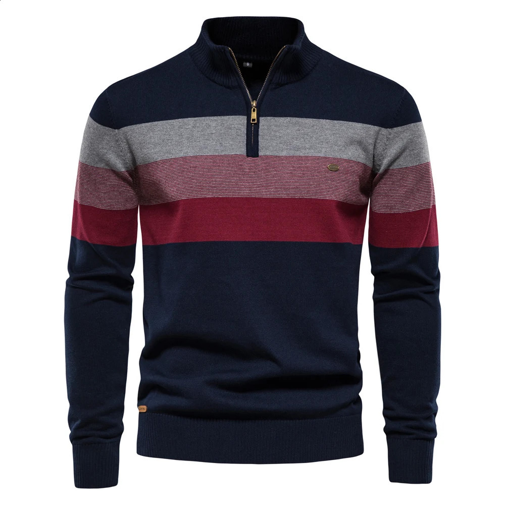 AIOPESON Mens Cotton Mock Neck Stand Collar Sweaters Quarter Zipper Pullover Autumn Winter Warm Social Casual Sweater for Men 251009