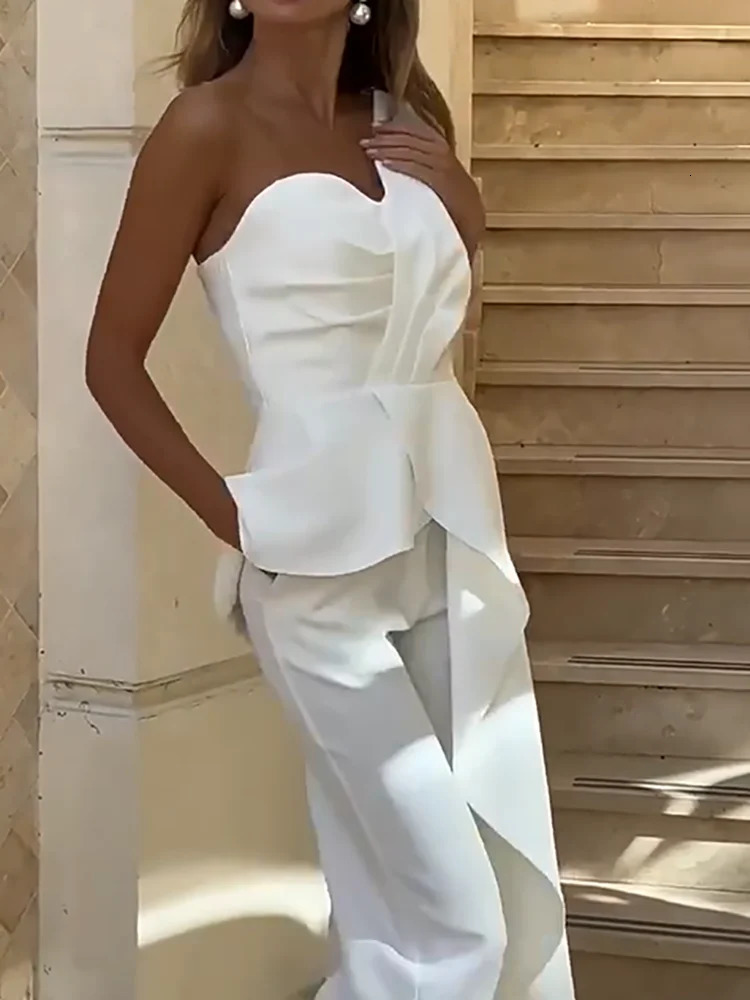 Fashion Sloping Collar Top and Long Pants Women Two Piece Summer Asymmetrical Slim Fit Office Suit Sexy Hollow Out Ruffle Outfit 250825