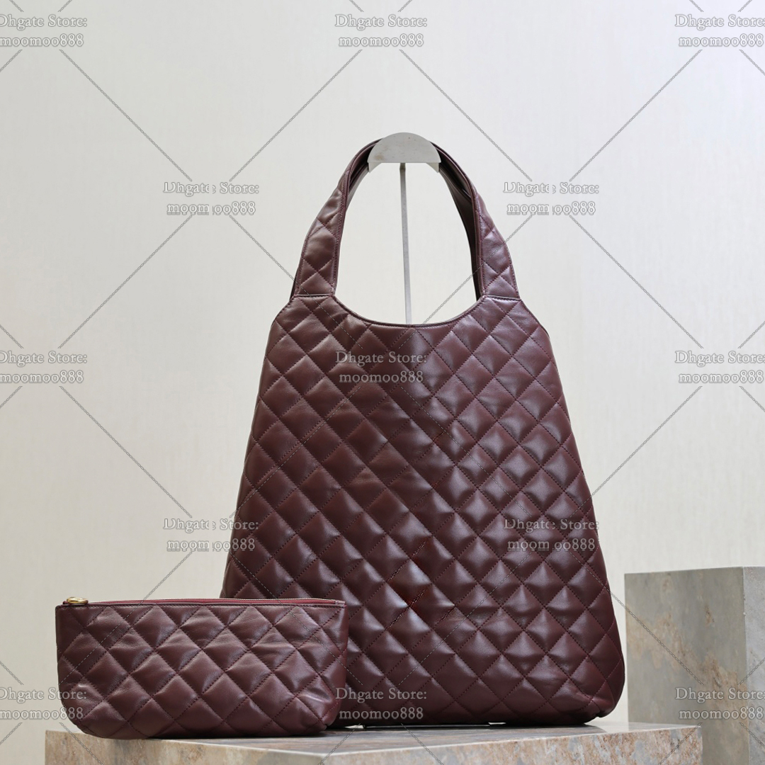 12A All-New Mirror Quality Designer Tote Bag Icare Handbags for Women Genuine Leather Summer Beach Bags Quilted Shopping Bag Burgundy Purse with Mini Pouch