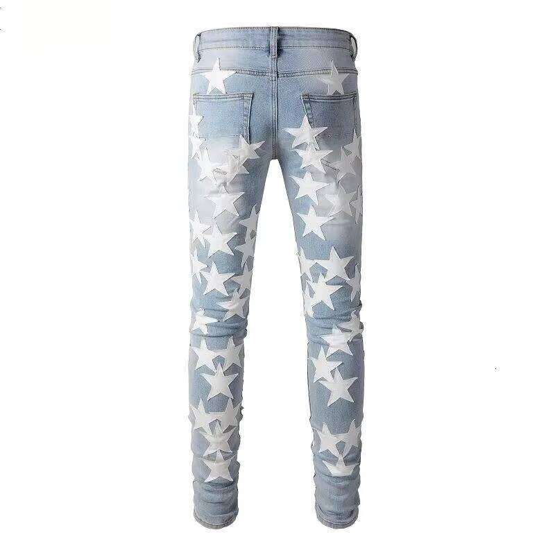 Men's Slim Fit Hip Hop Streetwear Denim Jeans Distressed Leather Star Patch Zipper Crotch Stack Ripped Stretch Design