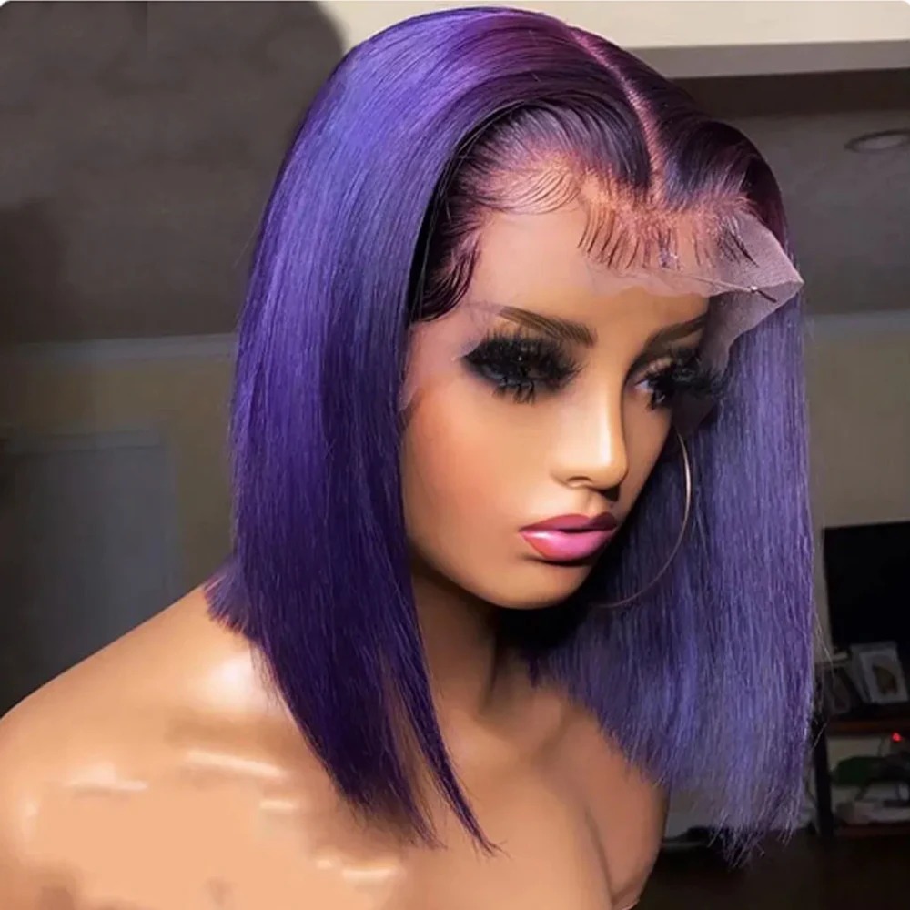 Short Bob Wig 180% Dark Purple Lace Front Wigs For Women Preplucked Hairline Gluelesss 13x4 Straight Human Hair Wig High Density