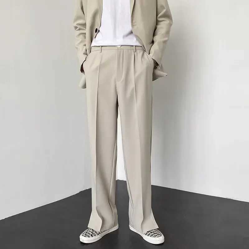 Mens Straight Baggy Casual Pants Korean Slit Personality Suit Trousers Fashion Formal Business Male Streetwear Gray Khaki Black W250826