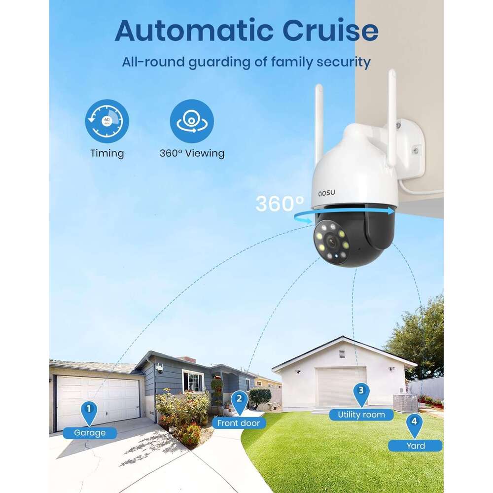 AOSU 2K Cameras Outdoor/Home, 360°Pan-Tilt View Timed Cruise 2.4G WiFi Security Camera with Motion Tracking, Spotlight & Siren, 2-Way Audio, Full Colo