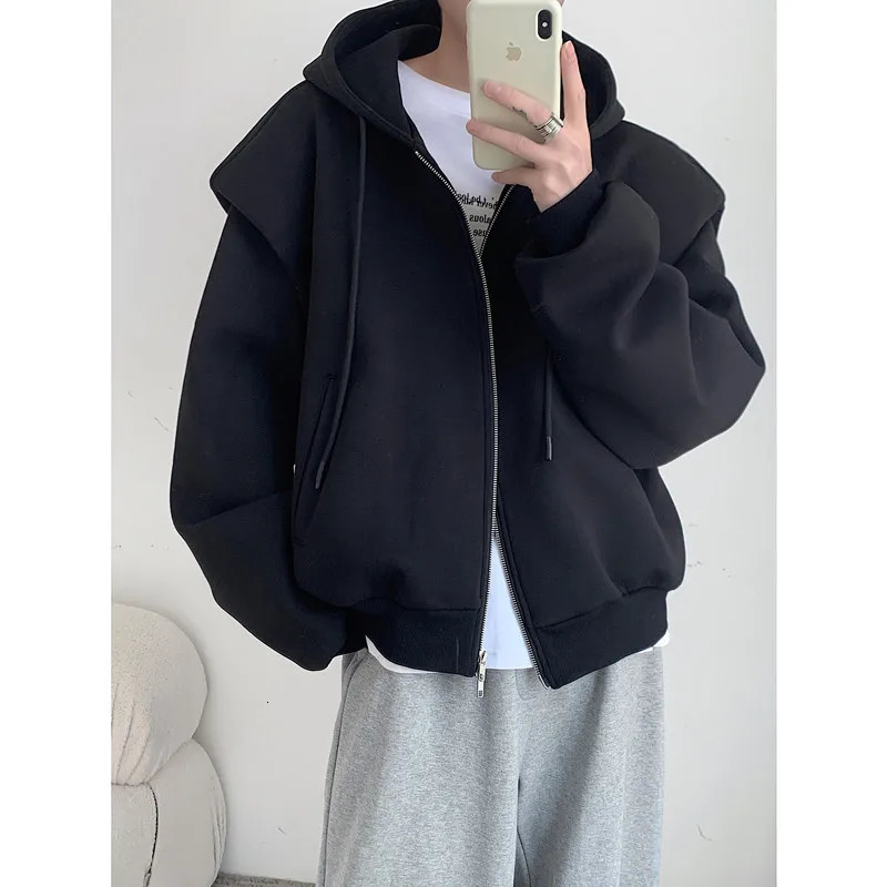 Autumn Winter Korean Style Solid Loose Mens Hooded Sweatshirt Fashion Harajuku Casual Zip Up Hoodie for Men Y2k Streetwear 250818