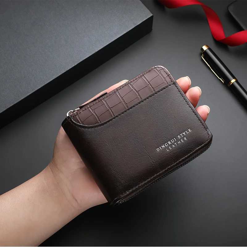 European and American Mens Short Wallet with Stone Pattern Large Capacity ThreeFold Bag with Zipper MultiCard Slot Wallet W250826