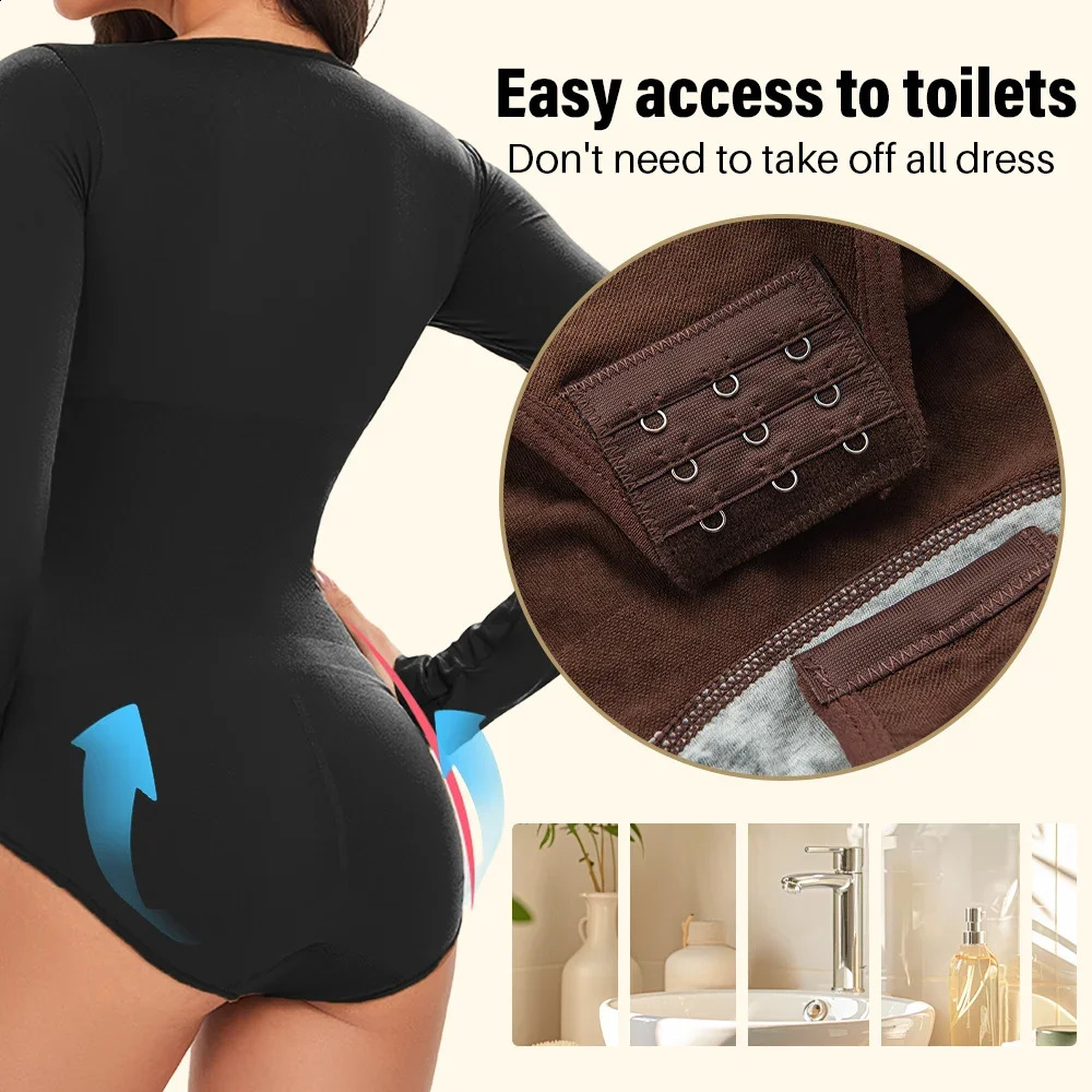 POKARLA Spandex Elastic Body Suit Shapewear Women Shaper Tummy Control Long Sleeve Open Crotch Round Neck Seamless Shapers 250826