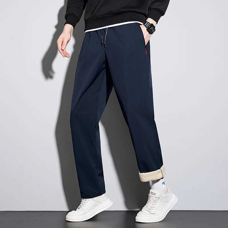 Mens Casual Thick Straight Pants Winter Elastic Waist Add Fur Jogger Korean Classic Blue Black Gray Male Brand Wool Trousers W250826