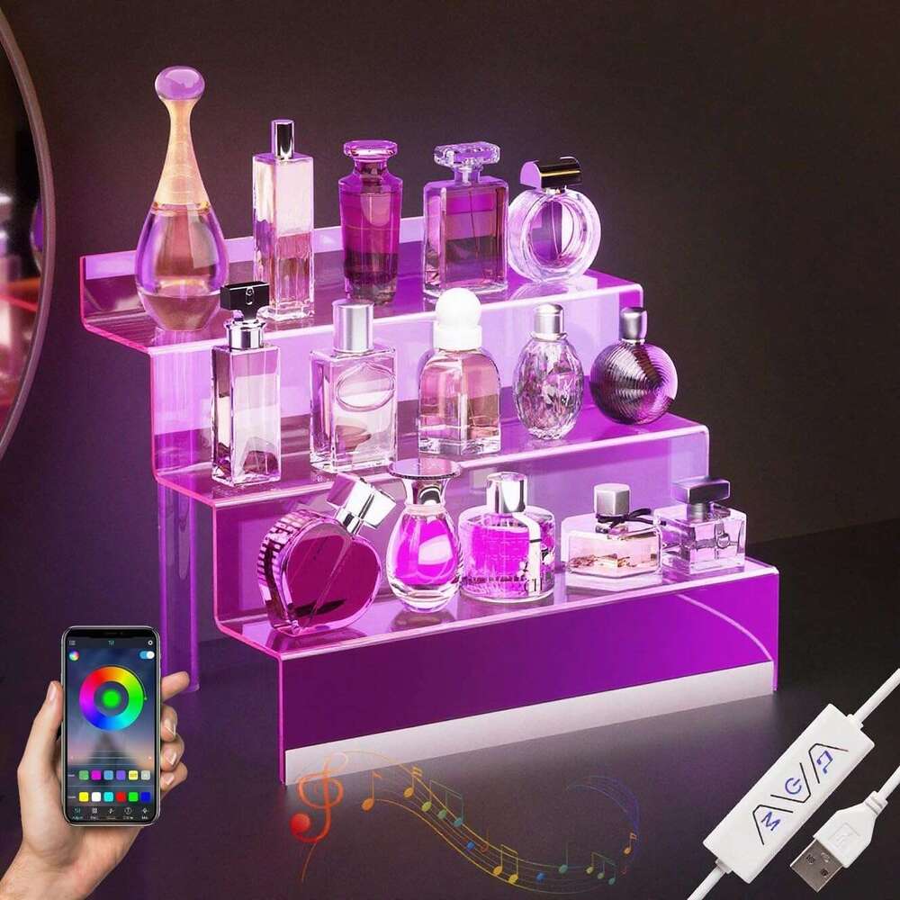 12 Acrylic with LED Light - 3 Tier Perfume Stand and Display Step Shees Holder, Cologne Organizer for Men, Figures Stand, Porta Perfumes Para Tocador,