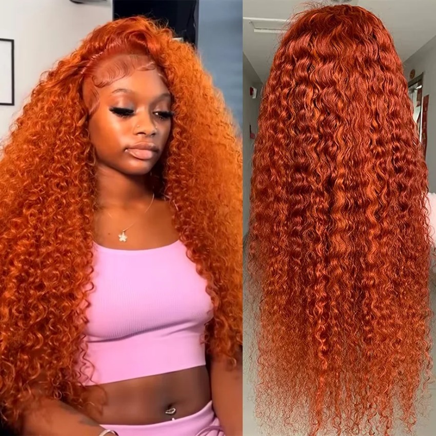 Orange Colored Water Wave High Density 13x6 Hd Lace Frontal Human Hair Wig Gluelesss Preplucked Deep Wave Pre-Cut 30 Inch Ginger Curly Wigs Ready To W