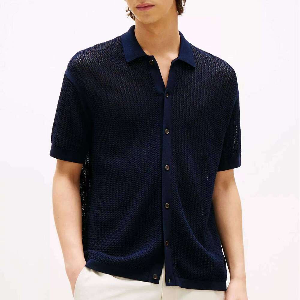 Custom Men's Summer Cardigan 100% Cotton Mesh Knit Breathable Plus Size Casual Short Sleeve for Polo Collar Shirt Yarn Dyed