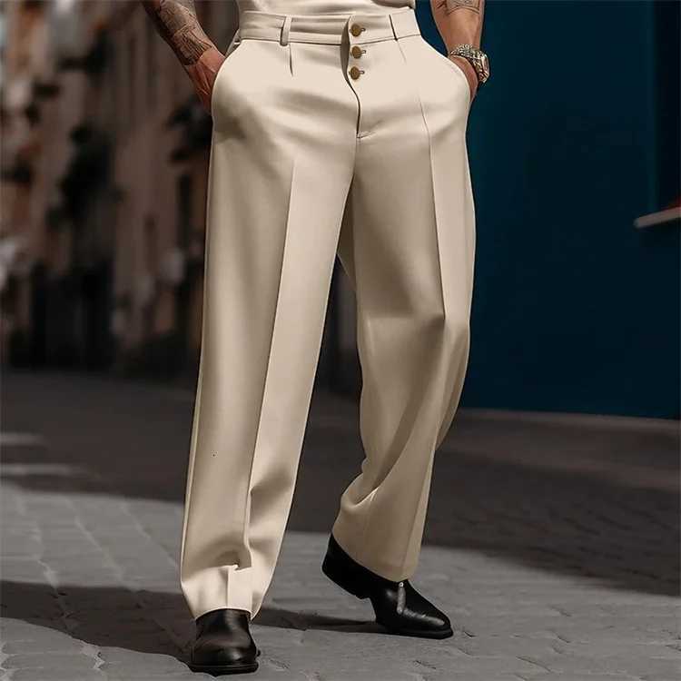 Mens Stand Pocket Elegant Wide Leg Pants Solid White Formal Party Trousers Plus Size 3XL Mens Fashion Triple Buttons Suit Pants W250826