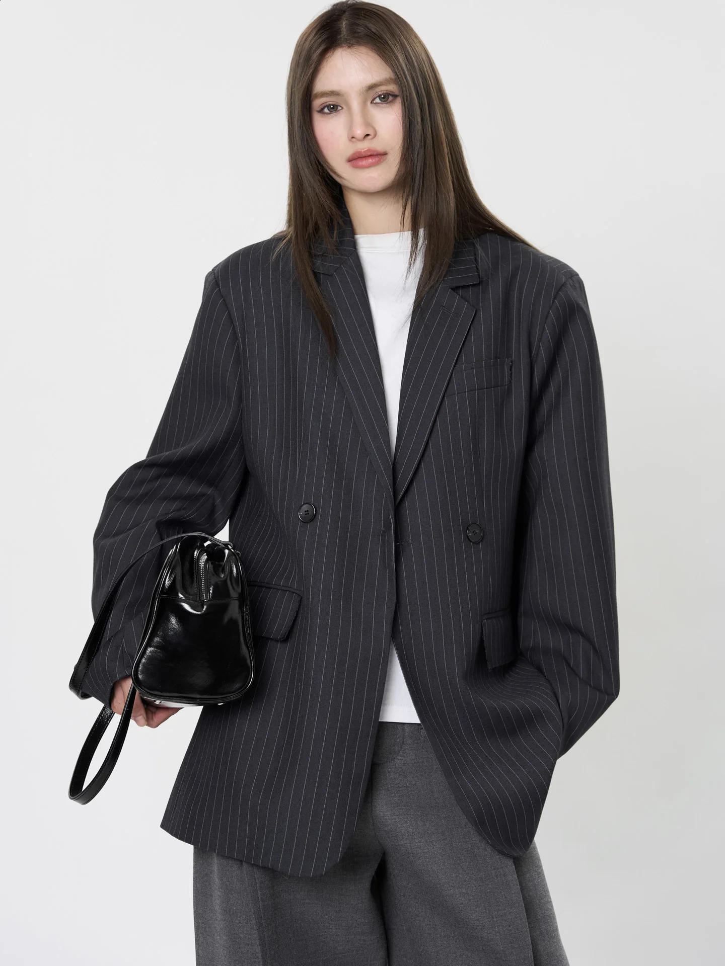 Womens Casual Striped Pocket Decoration Double breasted Loose Jacket Blazer 250904