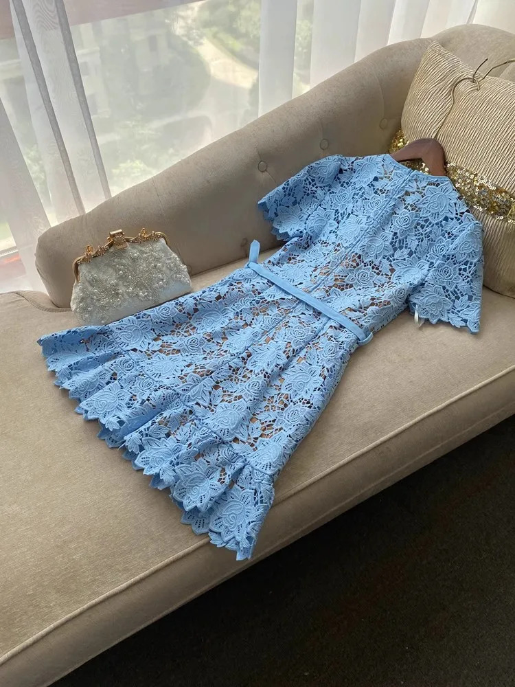 Blue Lace Dress Women Summer with Belt Short Sleeve Streetwear Clothing Lady Hollow Out Runway Vestidos Bodycon 250825