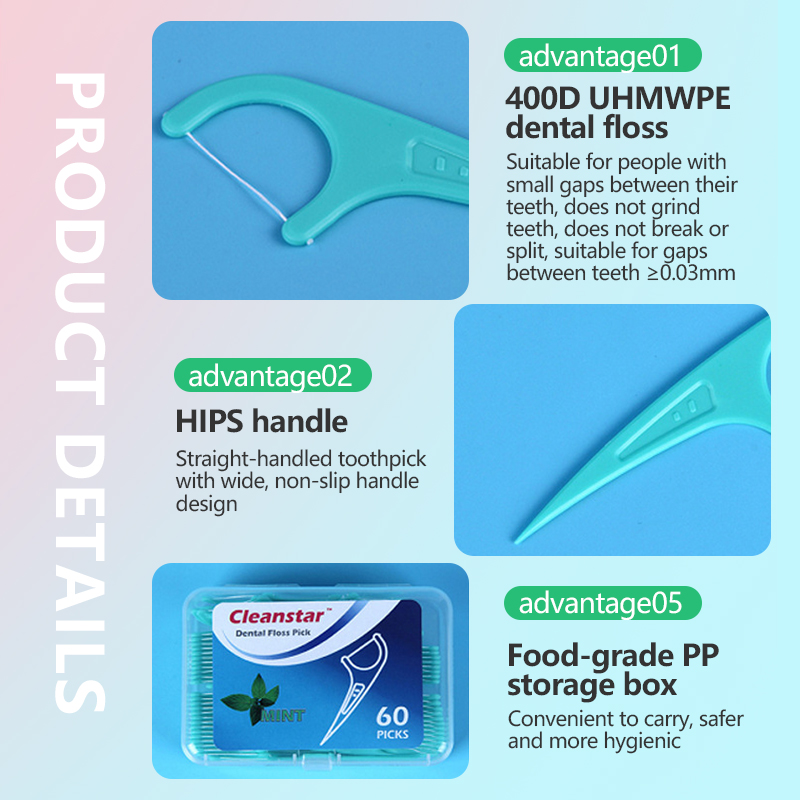 60-pack mint-flavored boxed dental floss sticks, dental floss picks, oral hygiene, interdental cleaning, plastic dental floss