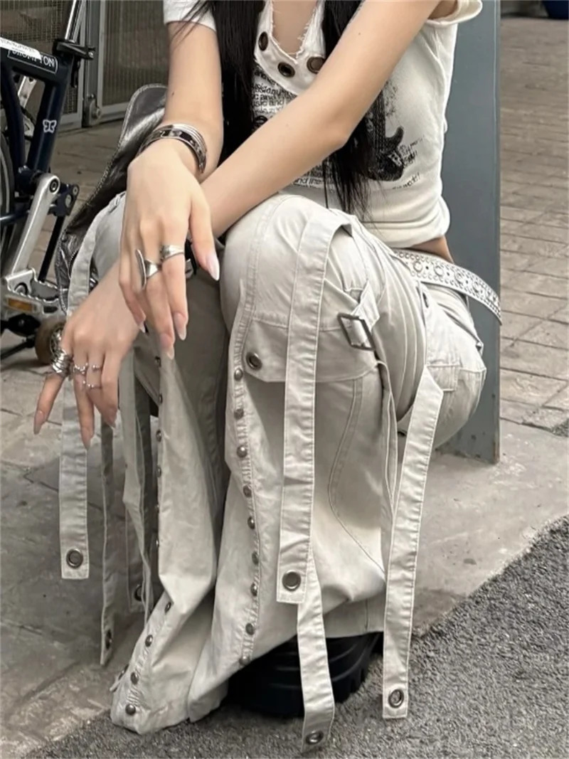Women Goblin Core Y2k Japanese Harajuku Low Rise Denim Flare Cargo Pants 2000s Kpop BellBottom Long Trousers Punk Jean 250825
