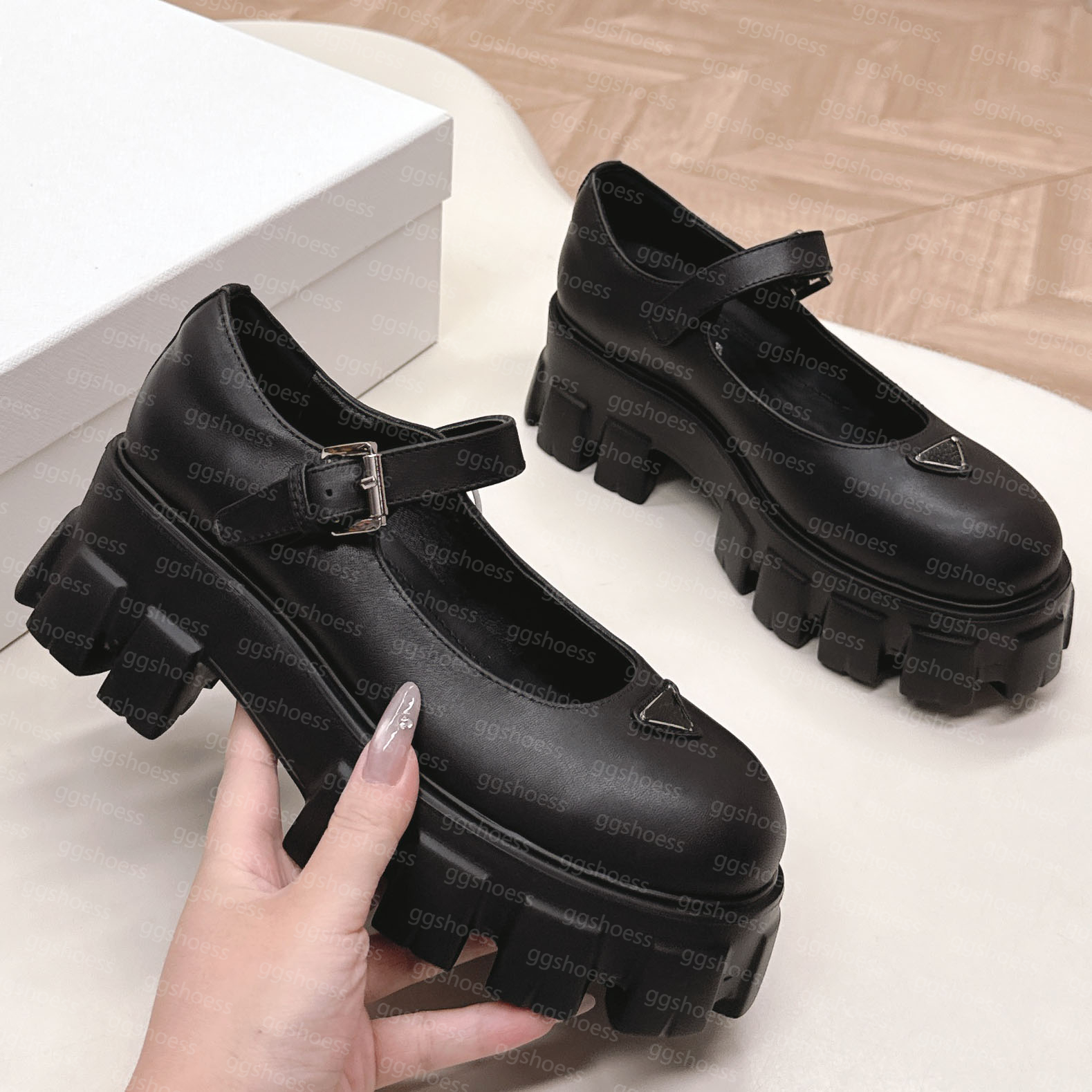 Women Brushed Leather Monolith Mary Janes Pumps Designer Thick soled Small Leather Loafer Monolith Shoes