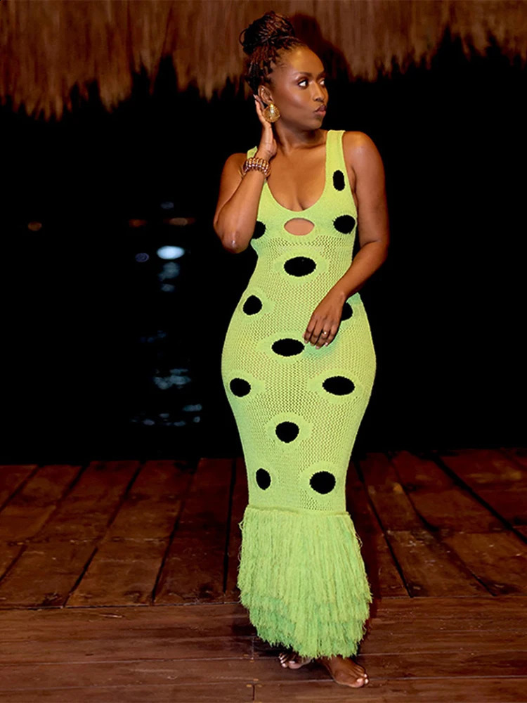Polka Dot Tassels Knitted Sling Dresses Backless Sleeveless Patchwork Tassels Slim Split Hollow Out Maxi Robe Female Party Gown 250826