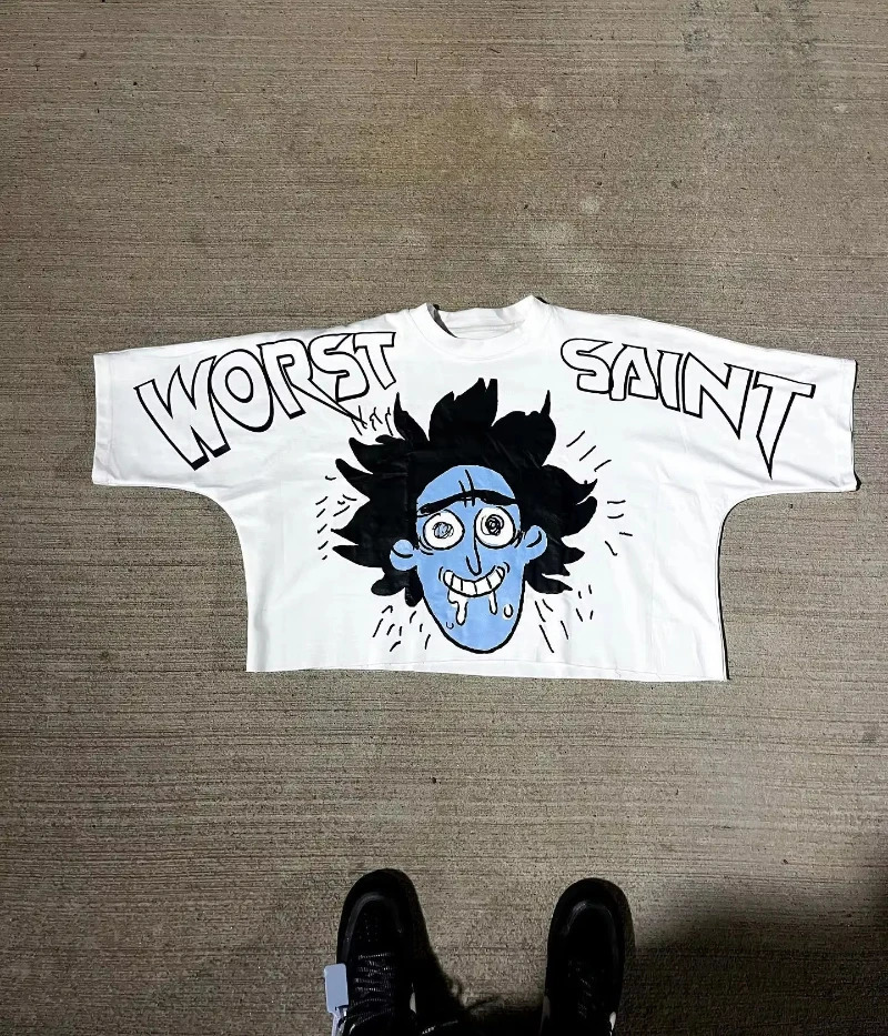 American Retro Anime Print Oversized T-shirt Men Hip-hop Trendy Streetwear Top Pure Cotton Round Neck Casual Loose Short Sleeves 250825