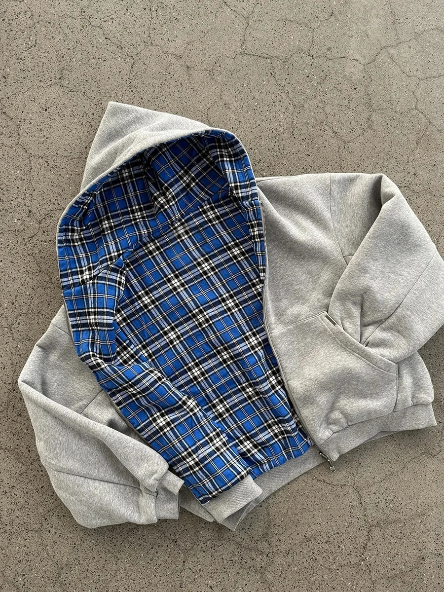 Casual Reversible Hoodies for Men Street Clothes Oversized Zip Up Hoodie Simple with Plaid Lining Solid Color Retro Sweatshirt 250825