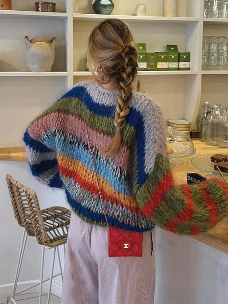 Rainbow Striped Sweater Round Neck Loose Color Contrast Casual Pullover Soft Waxy Thick Knit Sweaters Fashion Women Knitwear Top 250826
