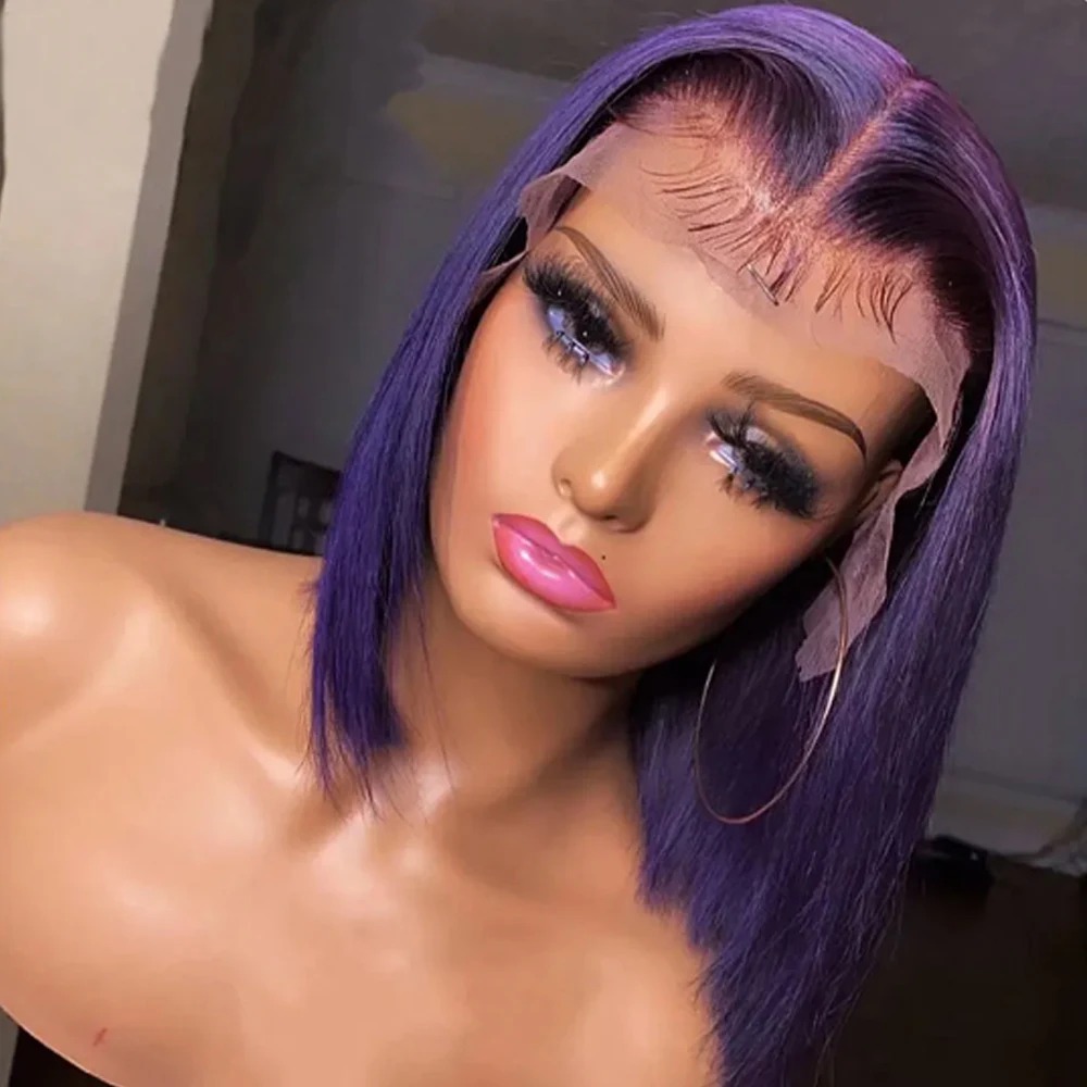 Short Bob Wig 180% Dark Purple Lace Front Wigs For Women Preplucked Hairline Gluelesss 13x4 Straight Human Hair Wig High Density