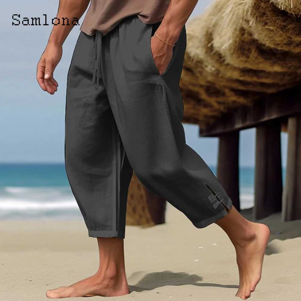 2023 Men Elegant Fashion Buckle Cuff Linen Pants Solid White AnkleLength Trousers Plus Size Mens Casual Drawstring Sweatpants W250826