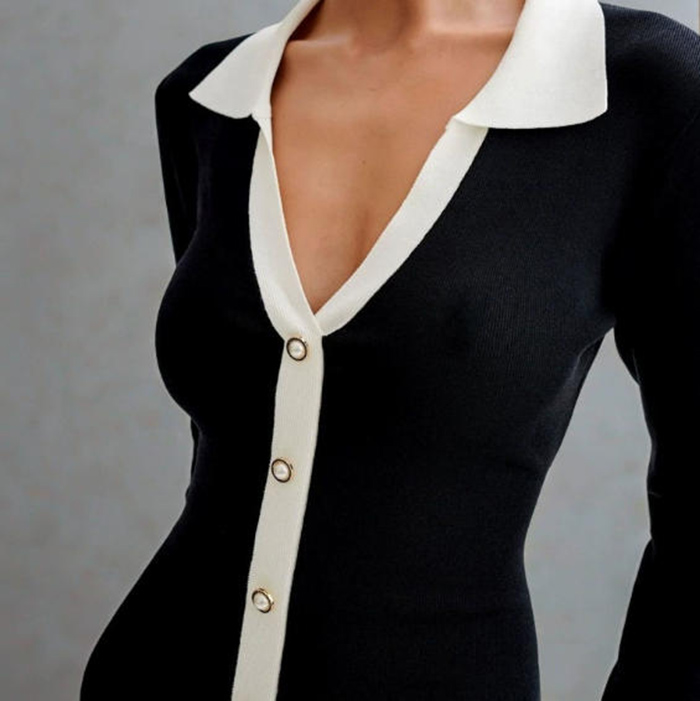 Fashion V-Neck long sleeve Knitted Double-layer ruffle knitted skirt pearl button lapel