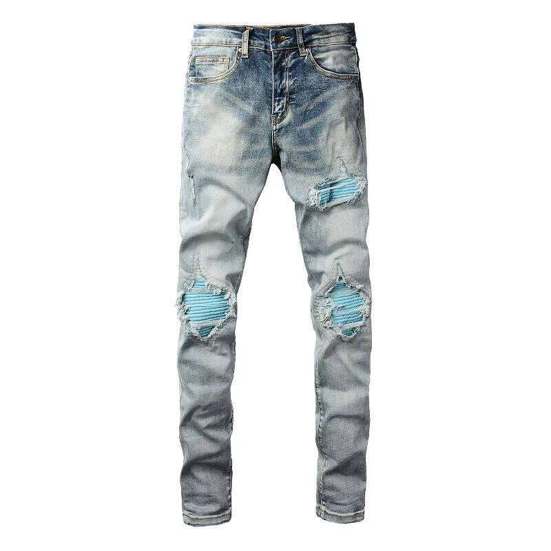 New Arrival Men's Light Blue High Street Straight Fit Jeans Casual Slim with Ripped Patch Design Elastic Small Leg OEM Available