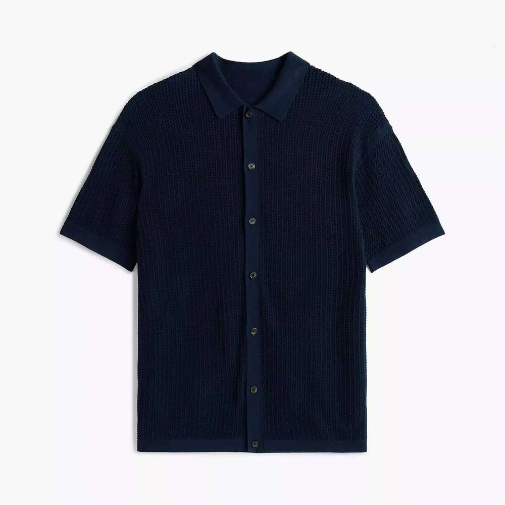 Custom Men's Summer Cardigan 100% Cotton Mesh Knit Breathable Plus Size Casual Short Sleeve for Polo Collar Shirt Yarn Dyed