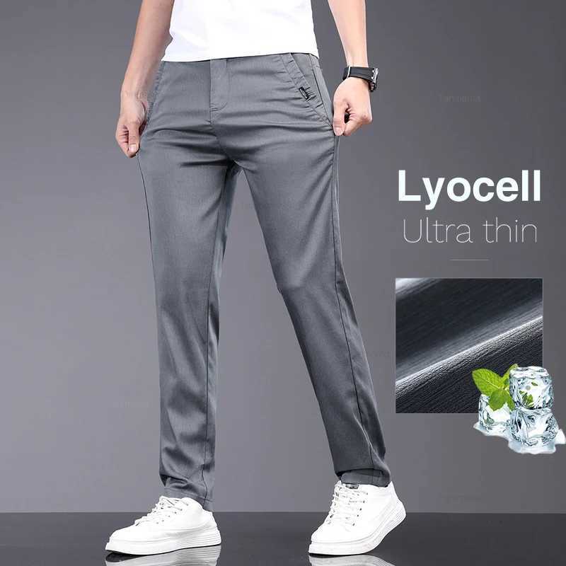 2024 Summer Ultrathin Mens Lyocell Casual Pants Breathable Soft Ice Silk Elastic Straight Business Trousers Black Gray W250826