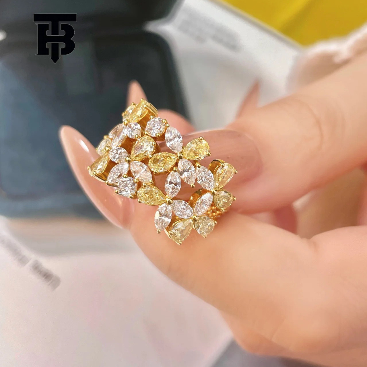 Designer Jewelry Wedding Rings Small Yellow Flower Diamond Ring For Women Colorful Diamond, Ins Water Drop Shape 18K Plated Niche High-end Feel Micro-