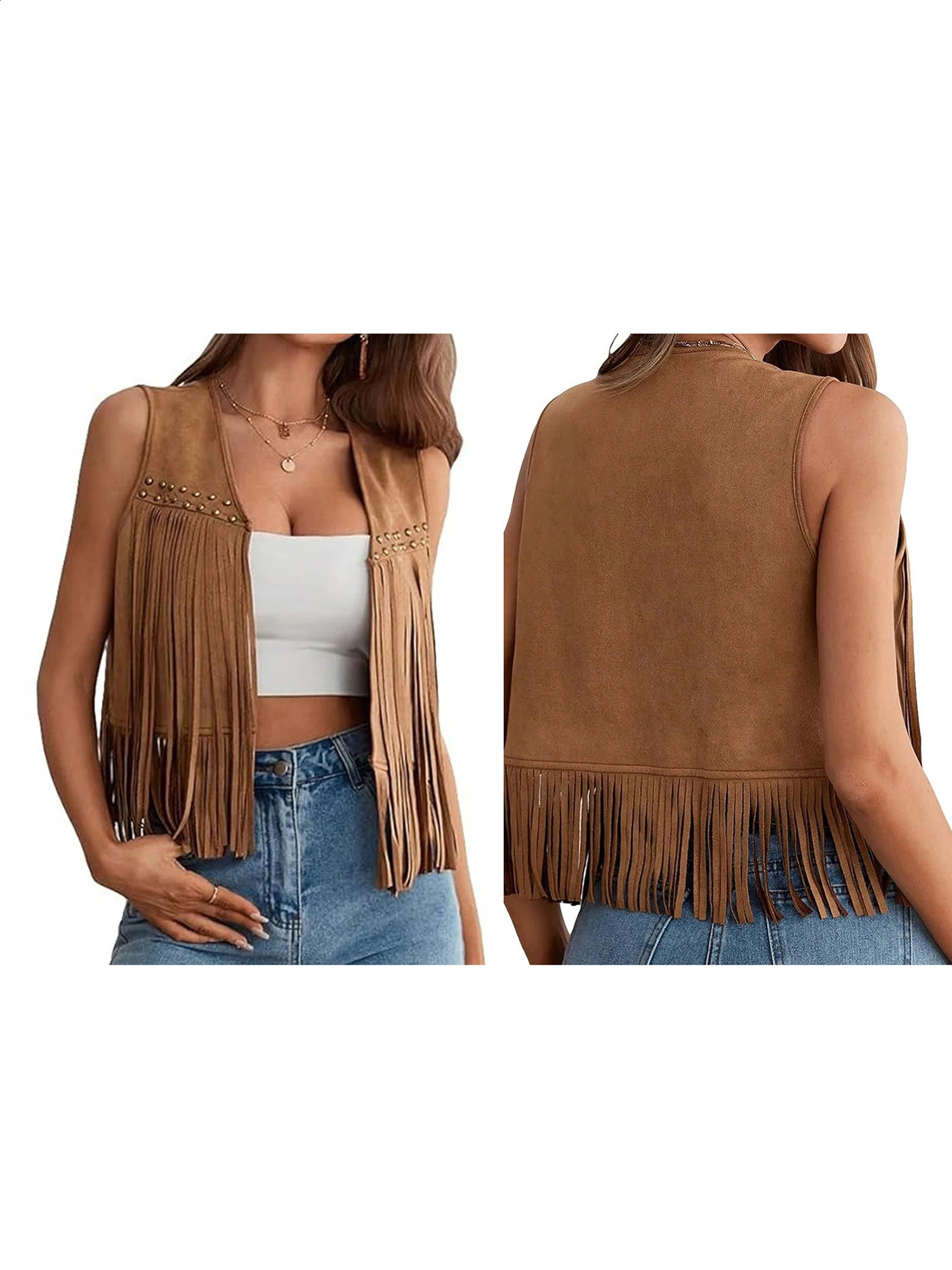 Vintage Fringe Suede Jacket 70s Boho Hippie Outfit Sleeveless Open Front Vest Western Cowgirl Coat Retro Fashion Trend 250826