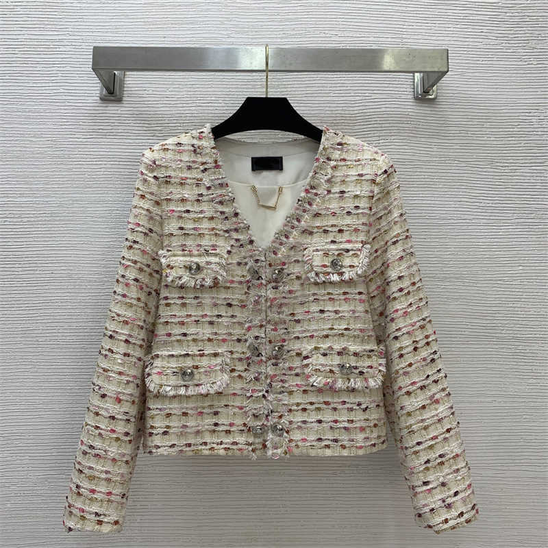 Tweed jackets womens designer Colourful Hem Inner lining Metal chain coat Knitted cropped V-neck long-sleeved fashion cardigan