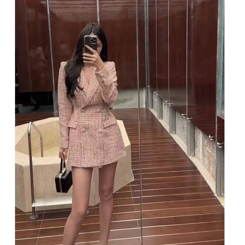 Korean Elegant Women Weave Plaid Tweed Mini Autumn Winter New Fashion Double Breasted Office Lady Slim Party Dress 344P dongdumaoyi