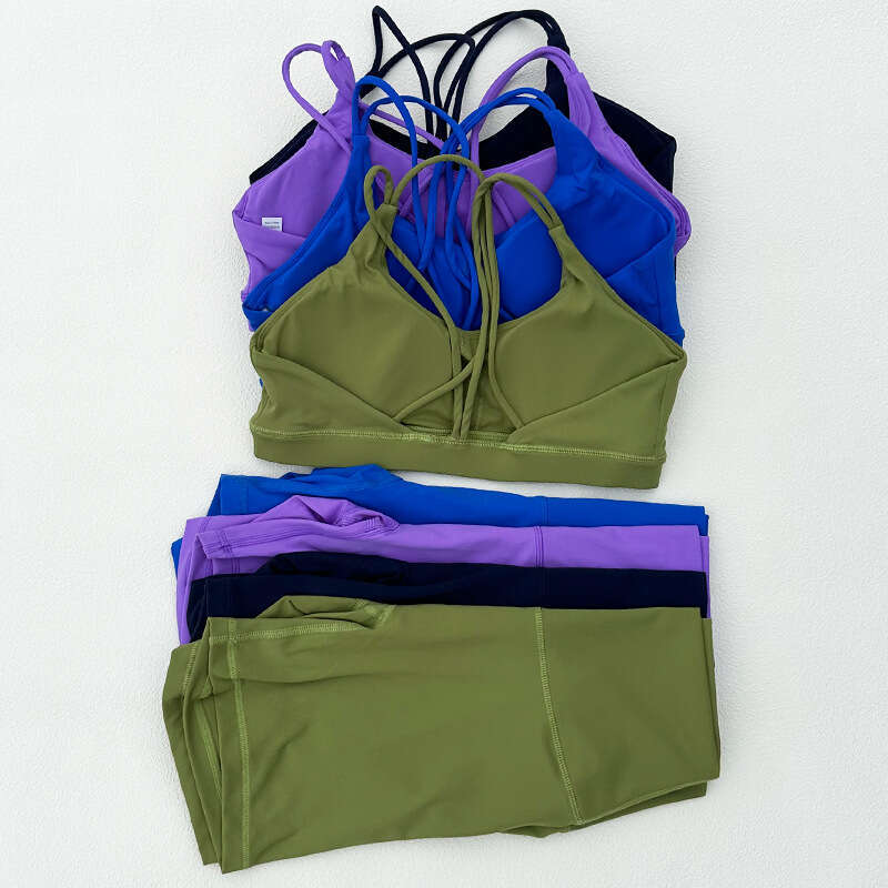 Nude Shorts Set for Women, Cross Back Bra, Yoga Outfit, Running Sports Outdoor