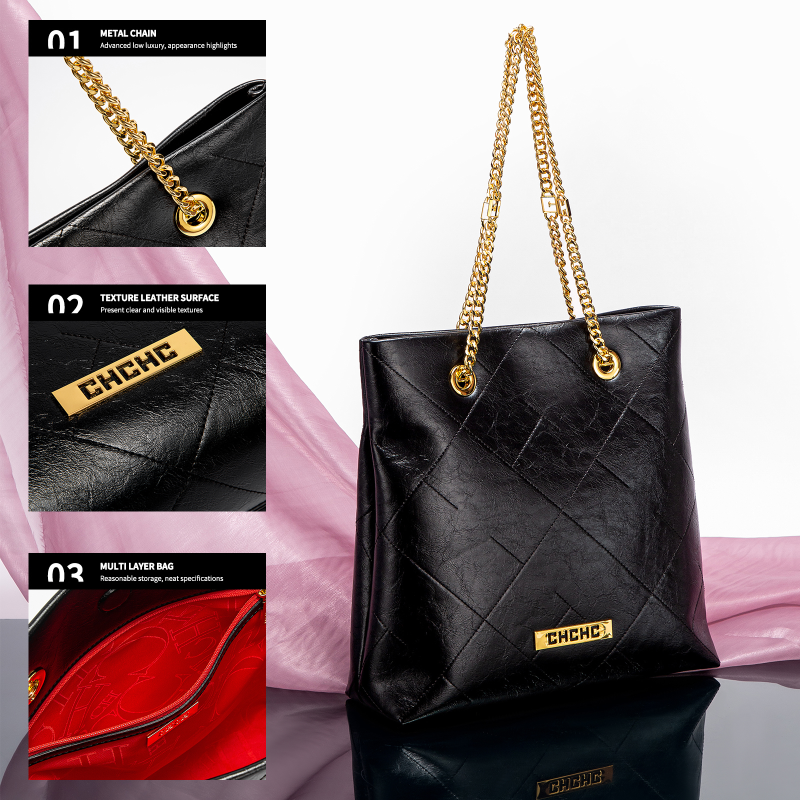 CHCH Classic Retro Style Pure Colour Fashion Women's Shoulder Bag Simple Versatile Chain Shoulder Strap Design Exquisite Workmanship