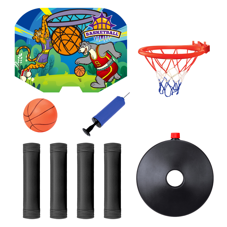 Kids Adjustable Basketball Hoop Set - Cartoon Tiger & Bear Design, with Ball and Pump