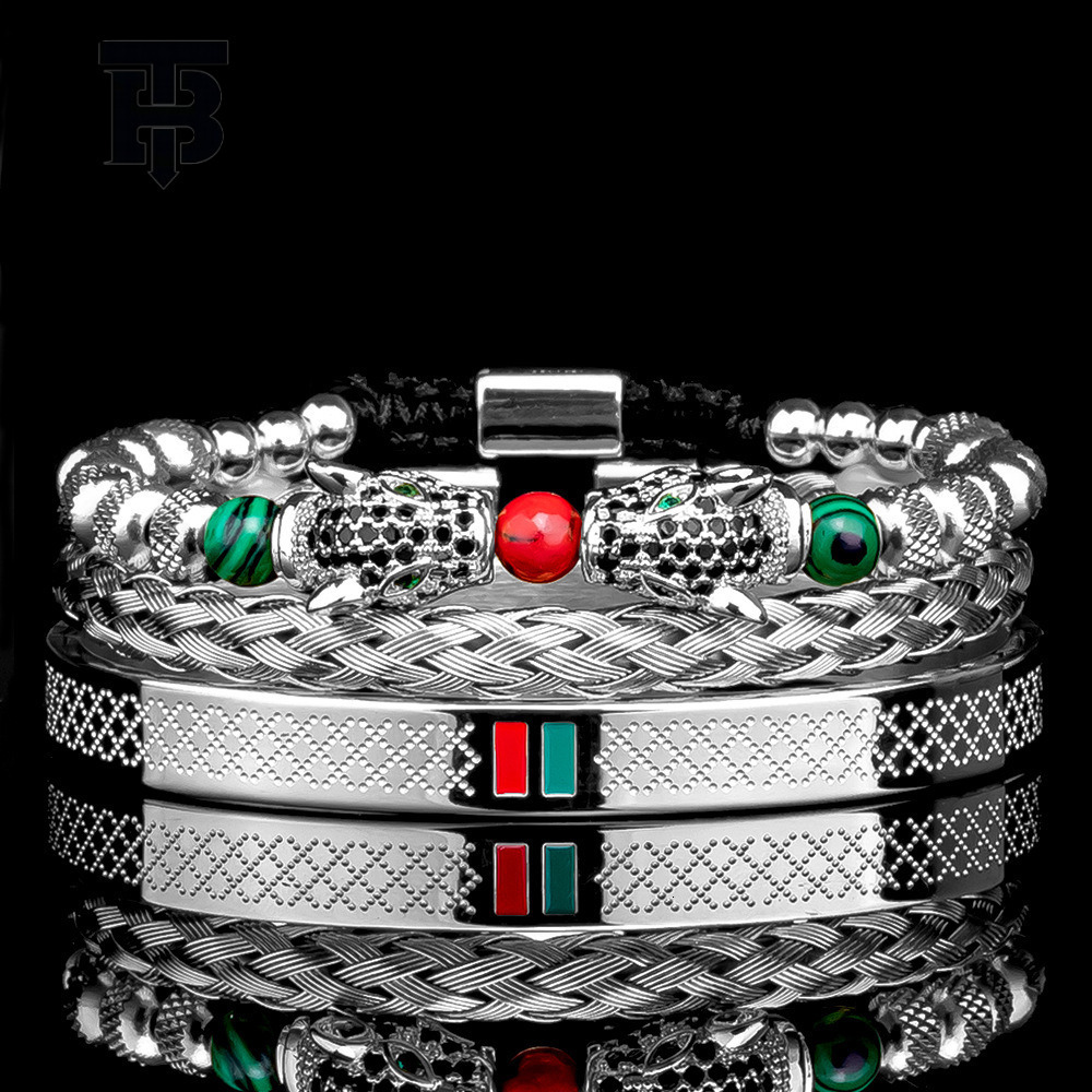 Designer jewelry wedding rings Wholesale European and American Retro Double Leopard Head Woven Bracelet Roman Letter Stainless Steel Mesh Open Bangle