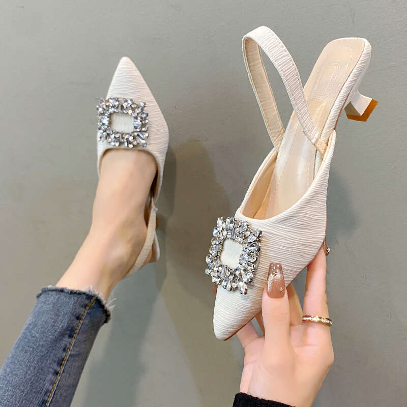 DHGargets 2023 Autumn Women's Low Heel Sandals, Pointed Toe Open-Back Dress Shoes with Rhinestones, Patent Leather Slip-On Pumps