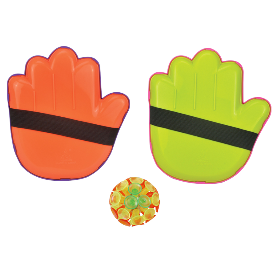 Colorful Kids' Suction Cup Paddle Ball Set - Orange and Green Palm-shaped Paddles with Bouncing Ball