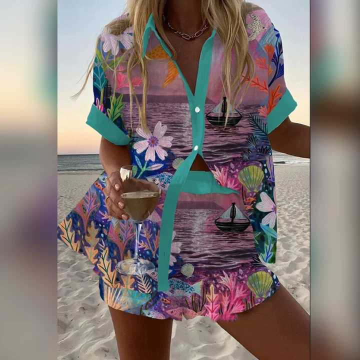 Women's Tracksuits Fashion Print Beach Holiday 2 Piece Set Women Summer Short Sleeve Shirt Top Wide Legs Shorts Oversize Two Outfit