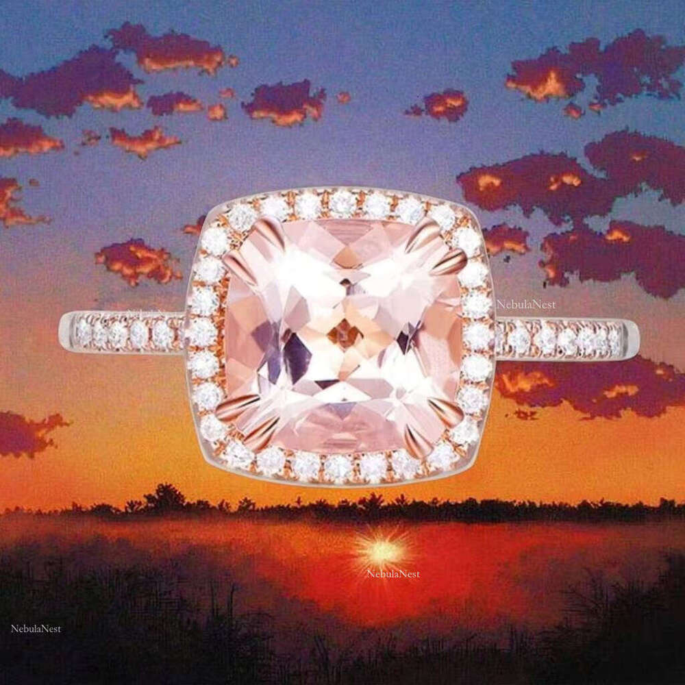2025 New Product Pure Sier Thin Ring with Pink Morganite Cushion Cut Inlay Elegant Jewelry