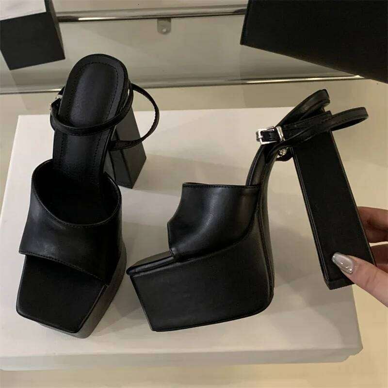 Eilyken New Fashion Chunky Platform Buckle Strap Women Sandals Concise Square Toe High Heels Nightclub Summer Shoes