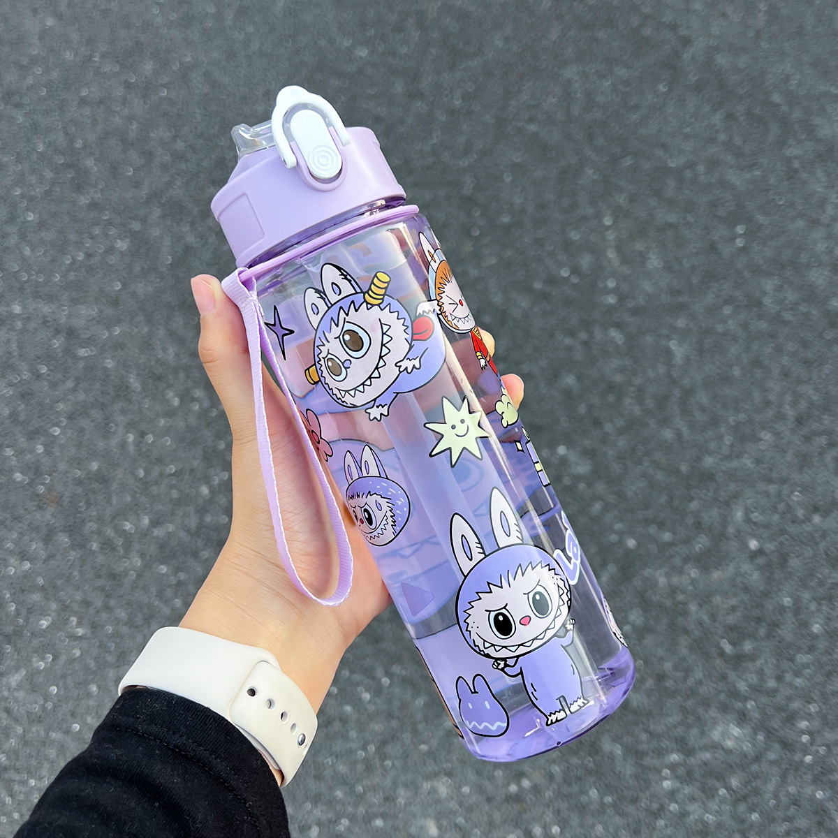 Popular cute children's straw water cup high value student with handle large capacity portable cartoon Colorful Labubu Sports Water Bottle Portab