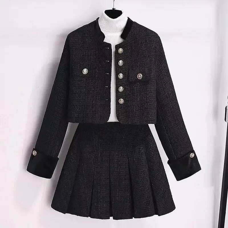 Lnsozkdg French Small Fragrance Suit Women Patched Plaid Coat Pleated Skirt Sweet Fresh Autumn Winter Advanced Two Piece Sets dongdumaoyi