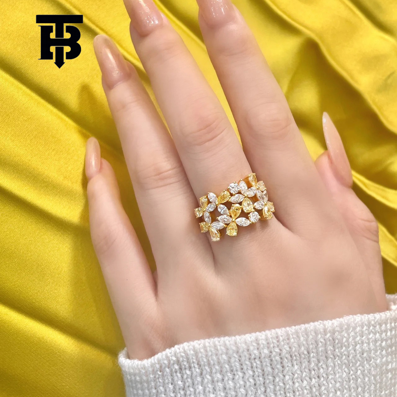 Designer Jewelry Wedding Rings Small Yellow Flower Diamond Ring For Women Colorful Diamond, Ins Water Drop Shape 18K Plated Niche High-end Feel Micro-