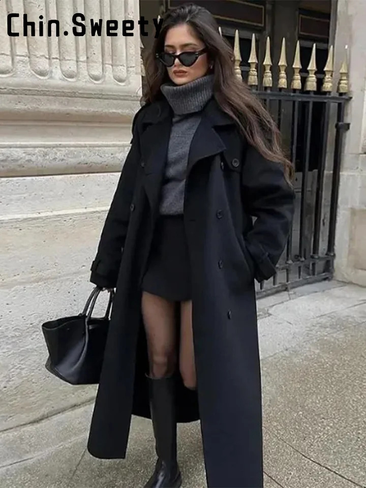 Elegant Grey Lapel Long Woolen Coats Women Buttons Double Breasted Pocket Lace Up Coat Autumn Winter Lady Thick Jackets 250826